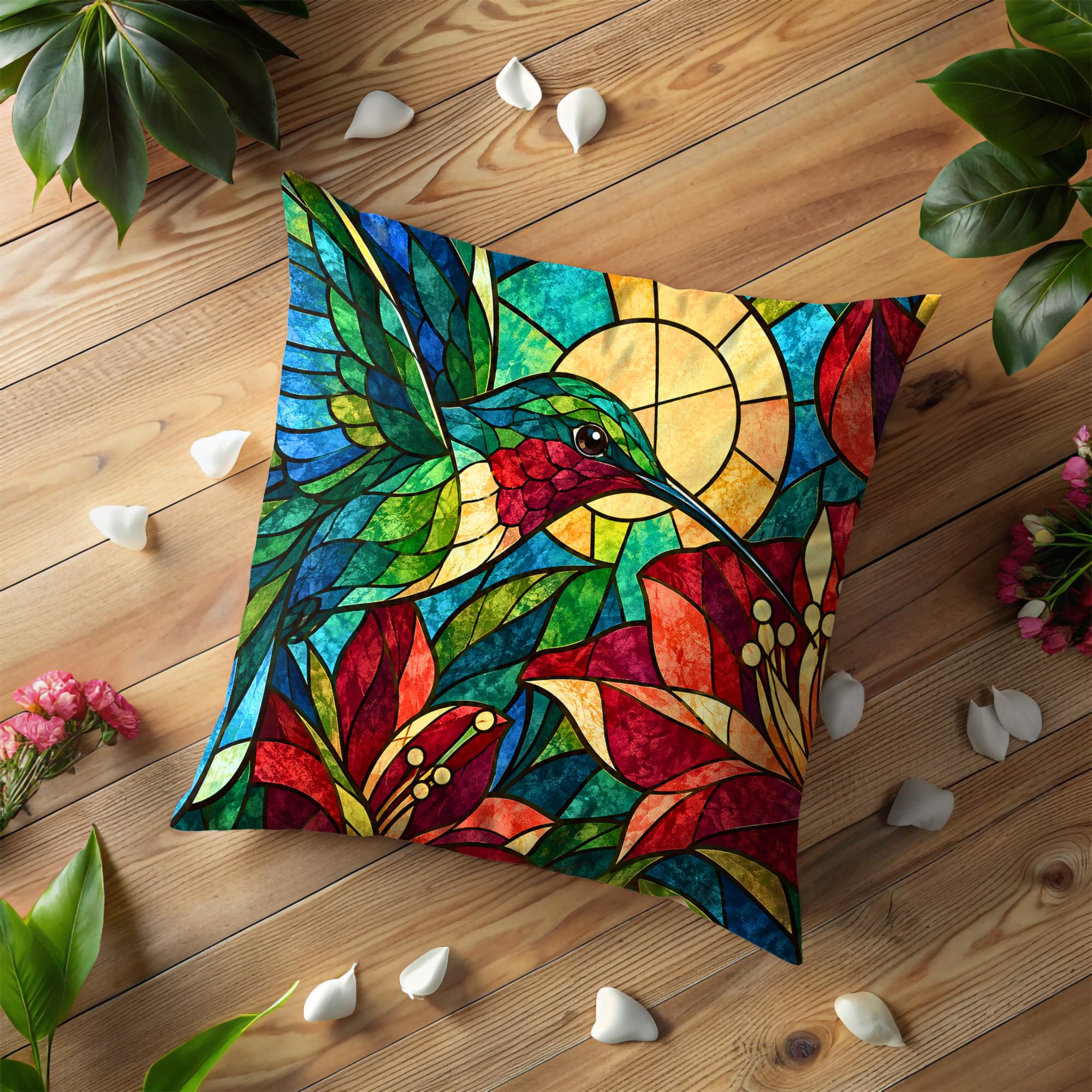 Sunlit Hummingbird Stained Glass Pillow Cover