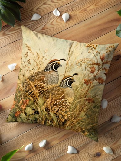 Two Crested Quail in Golden Meadow Pillow Cover