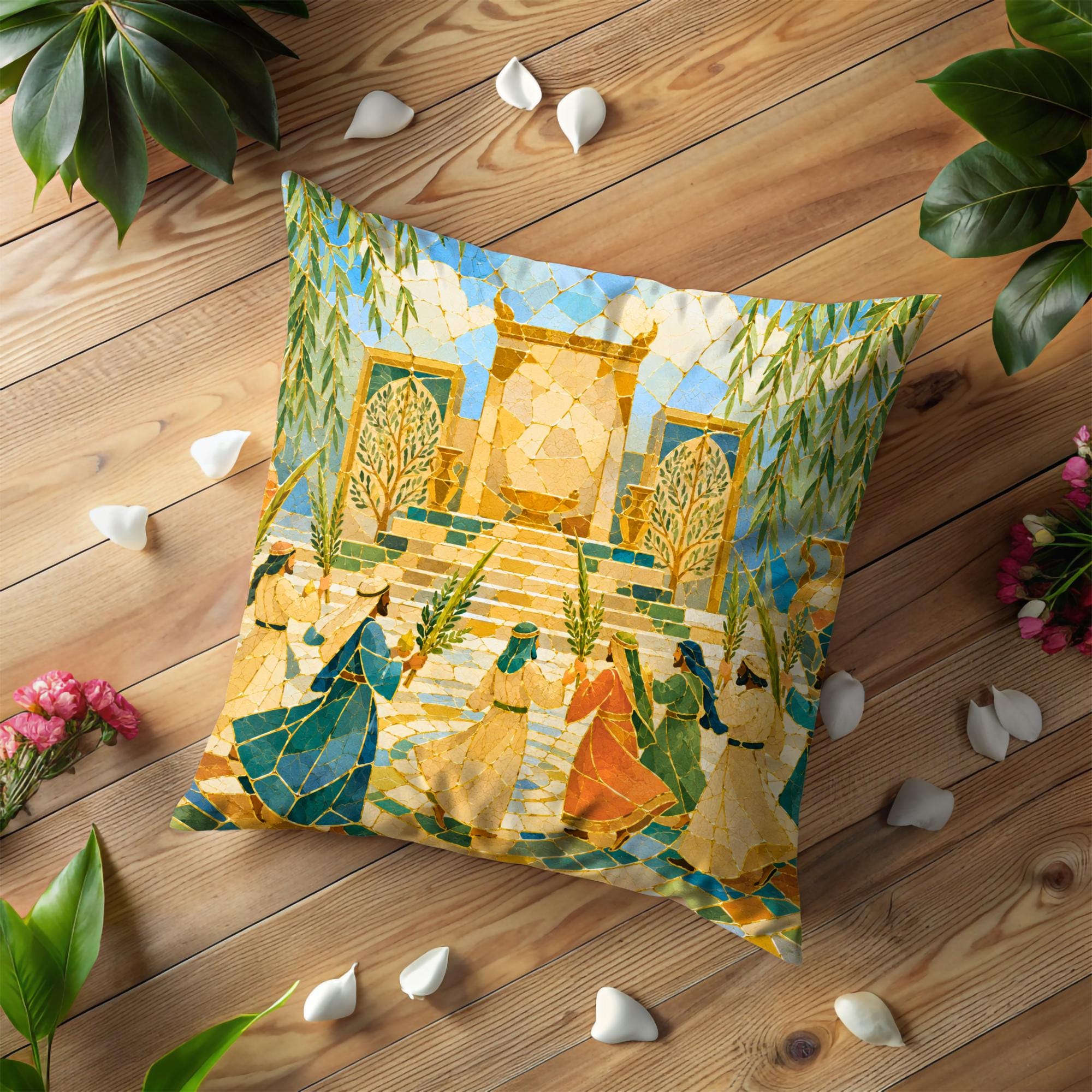 Golden Courtyard Mosaic Art Pillow Cover