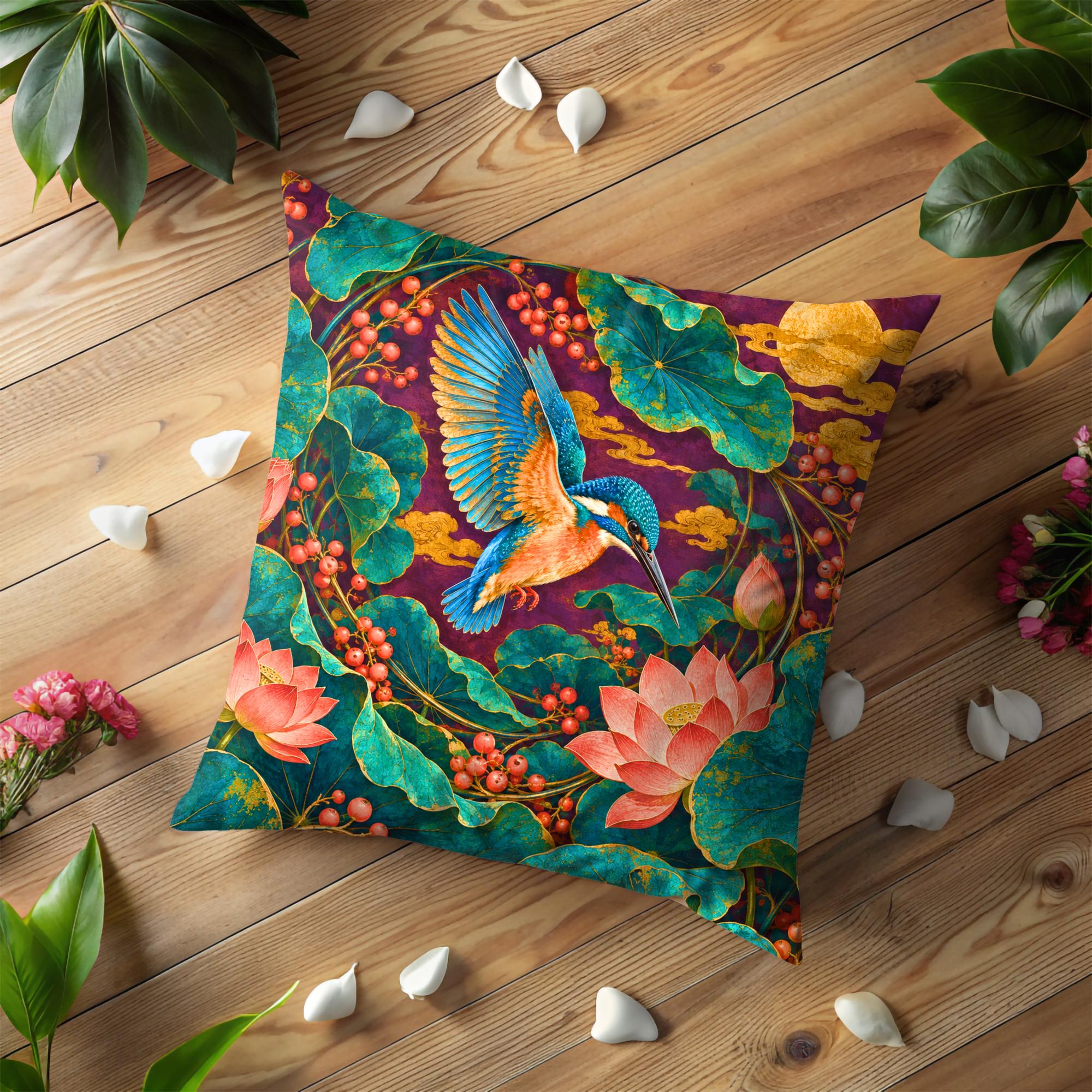 Jeweled Kingfisher and Lotus Pond Pillow Cover