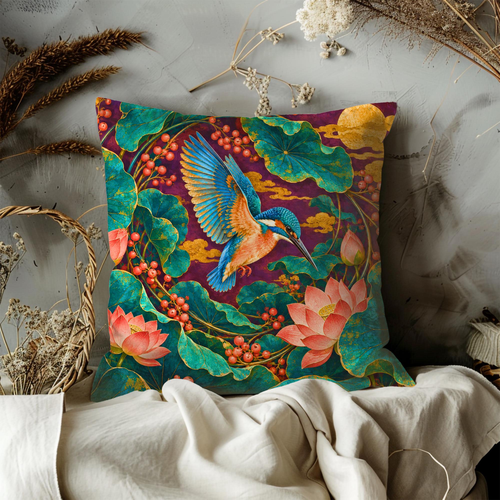 Jeweled Kingfisher and Lotus Pond Pillow Cover - Image 3