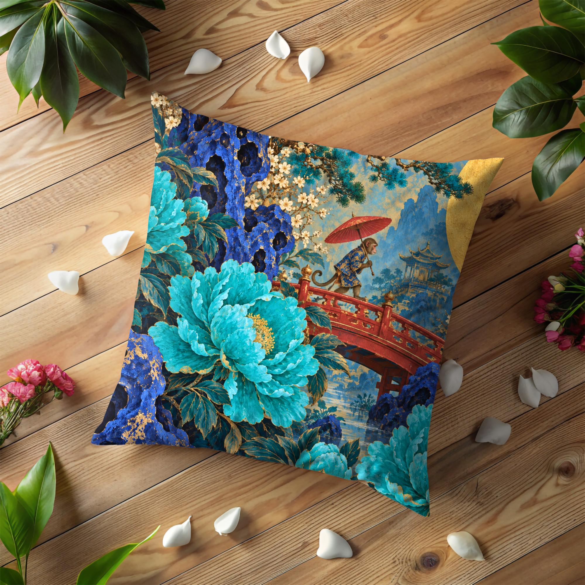 Blue Peony Garden and Red Bridge Pillow Cover
