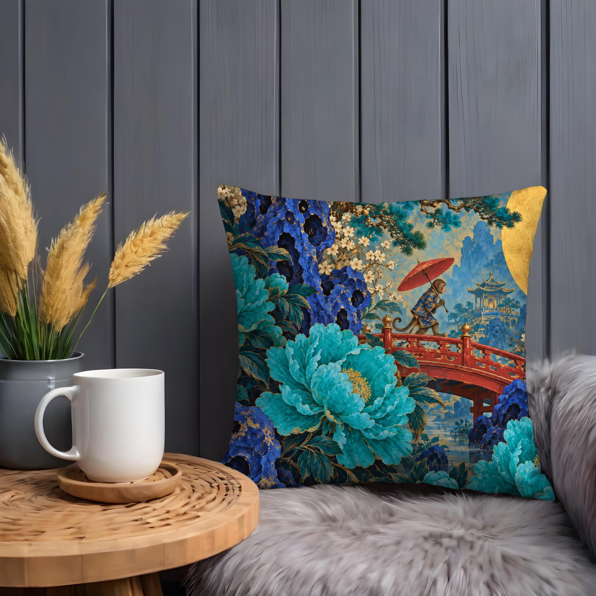 Blue Peony Garden and Red Bridge Pillow Cover - Image 2