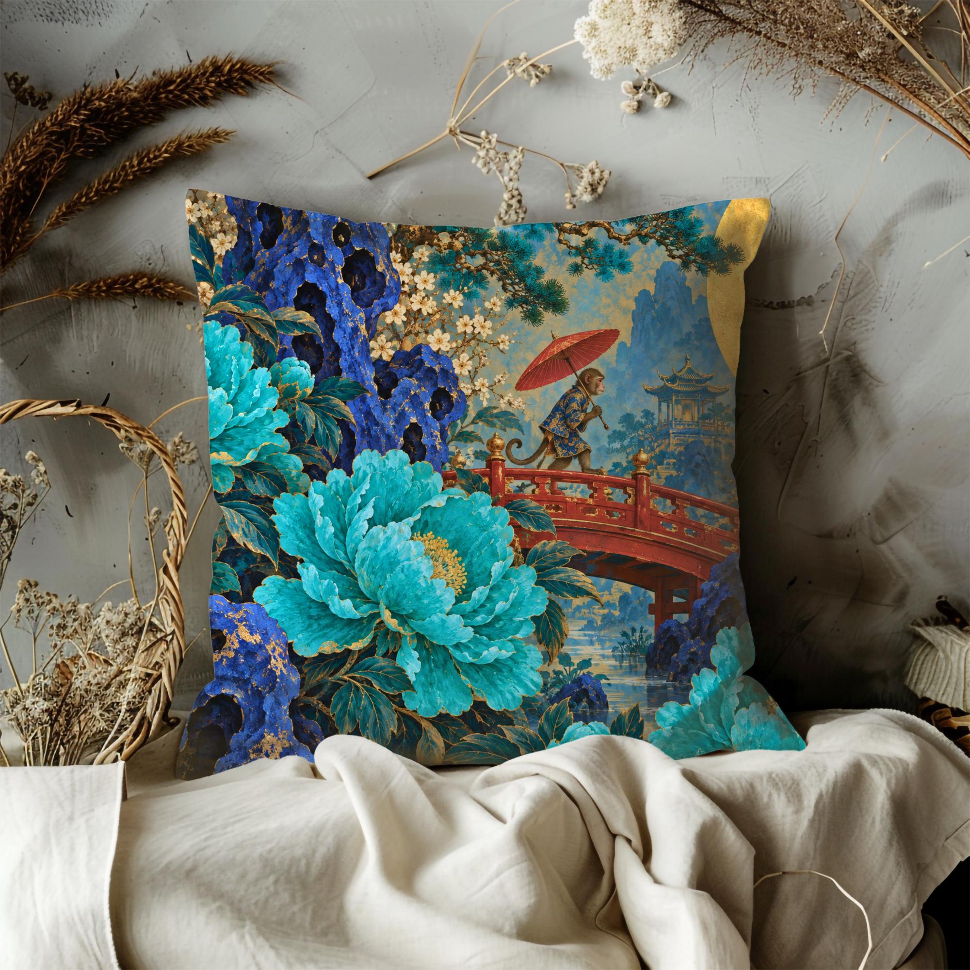 Blue Peony Garden and Red Bridge Pillow Cover - Image 3