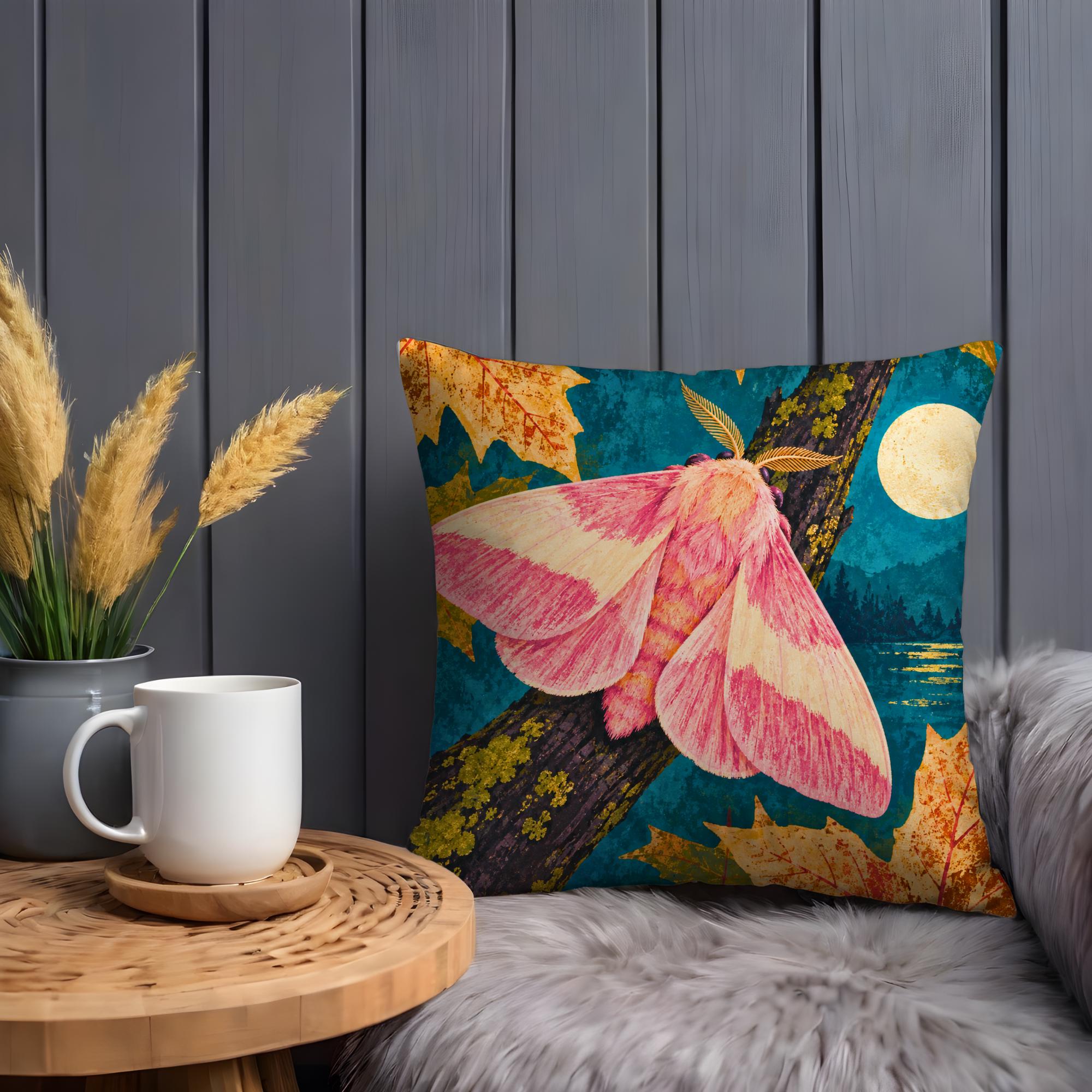 Moonlit Pink Silk Moth Pillow Cover - Image 2