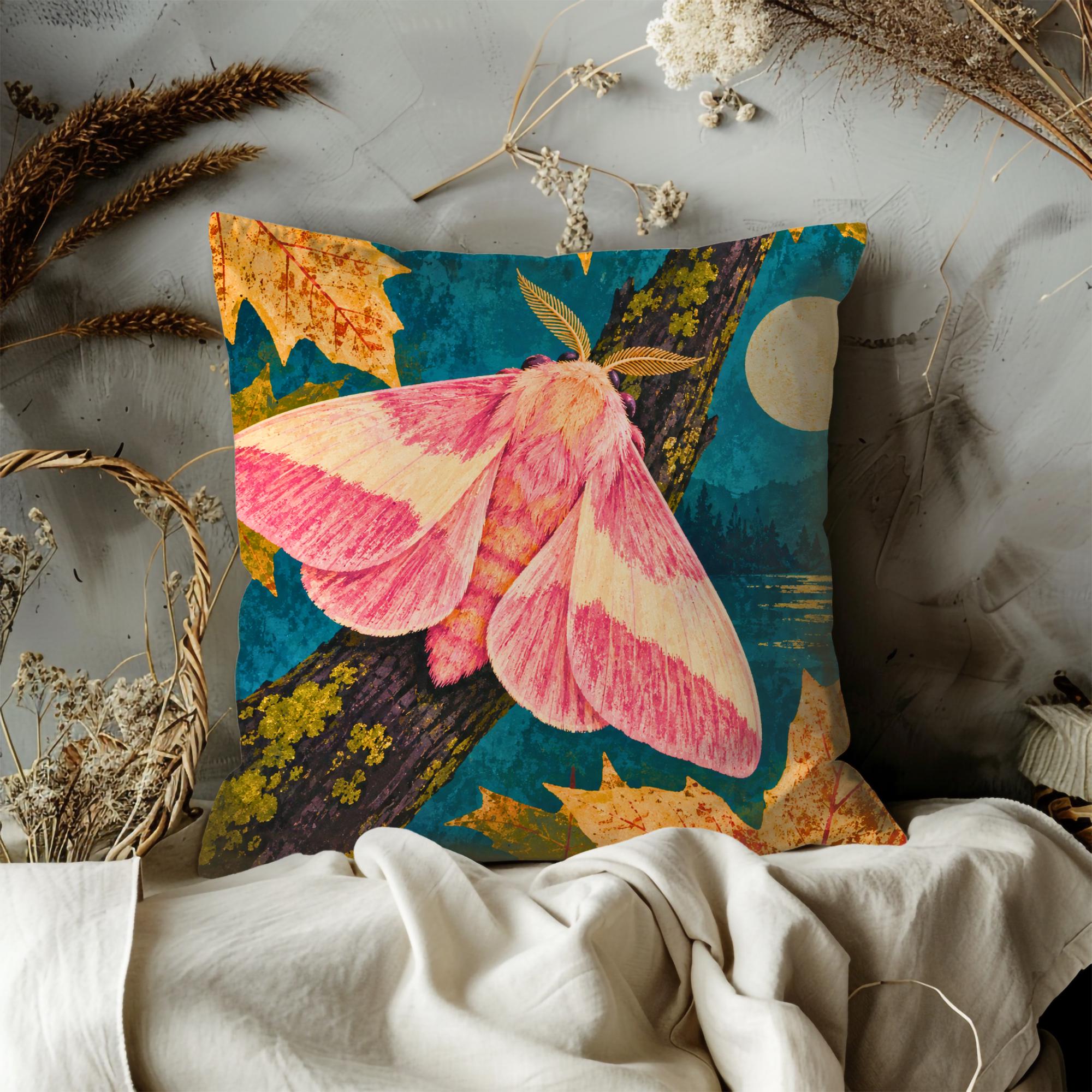 Moonlit Pink Silk Moth Pillow Cover - Image 3
