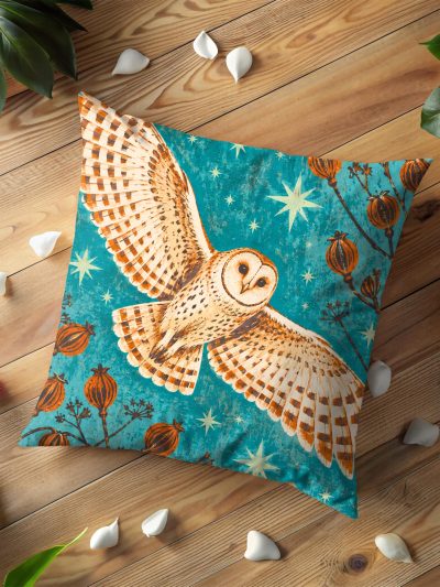 Starlit Barn Owl and Poppy Pods Pillow Cover