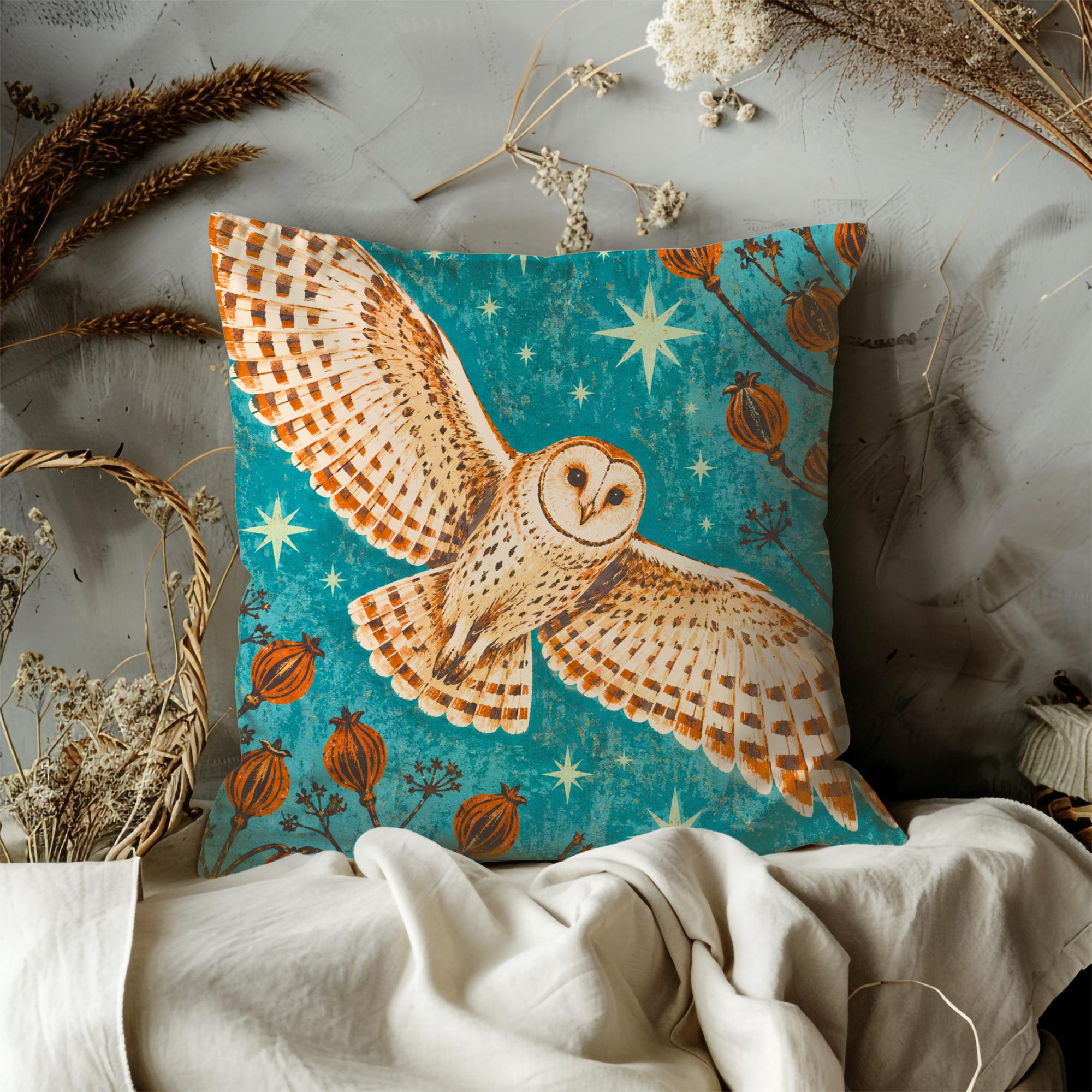 Starlit Barn Owl and Poppy Pods Pillow Cover - Image 2