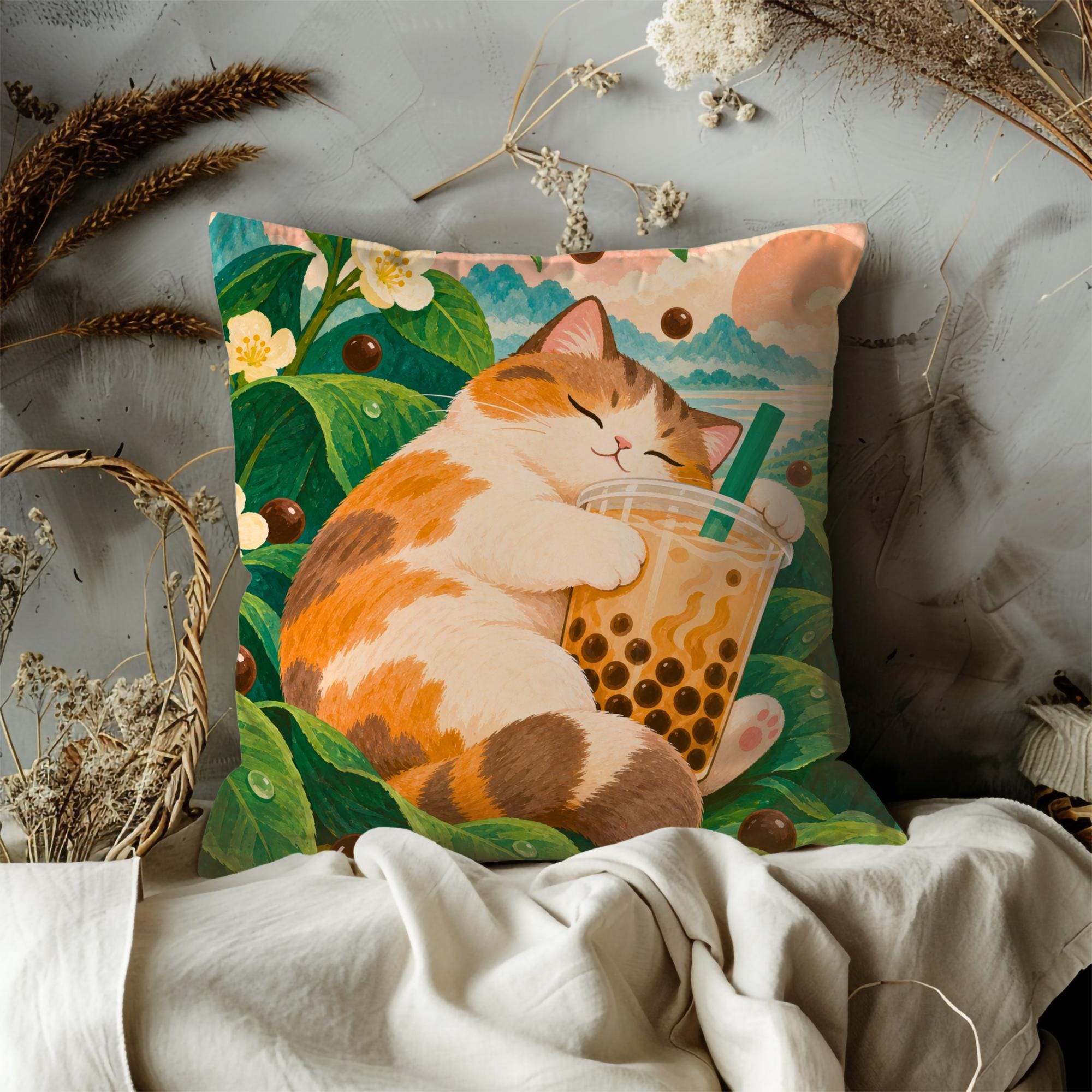 Sweet Dreams Boba Cat Decorative Pillow Cover - Image 3