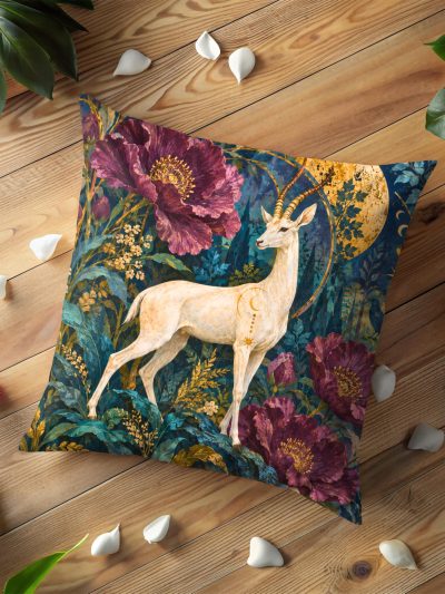 Moonlit White Gazelle and Burgundy Peony Pillow Cover