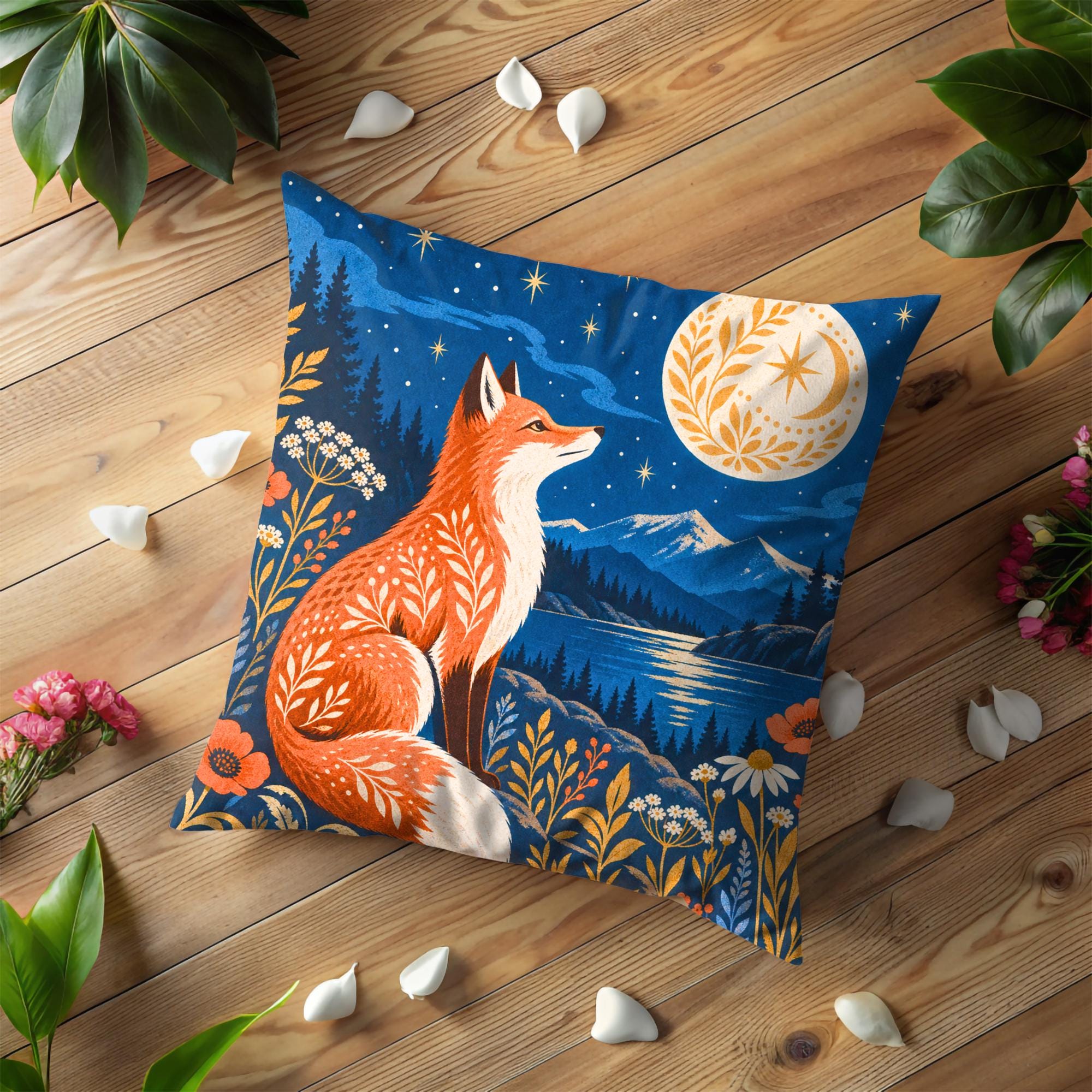 Celestial Fox Under the Moon Pillow Cover