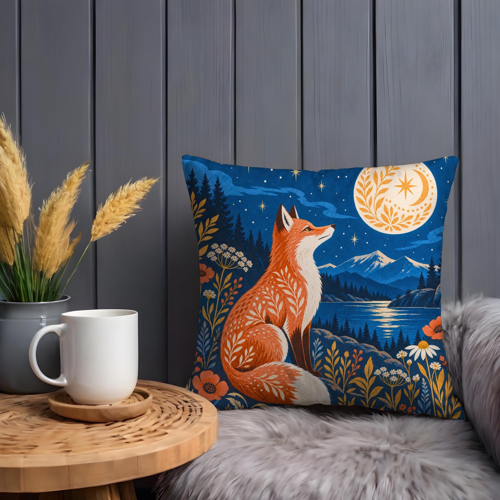 Celestial Fox Under the Moon Pillow Cover - Image 2