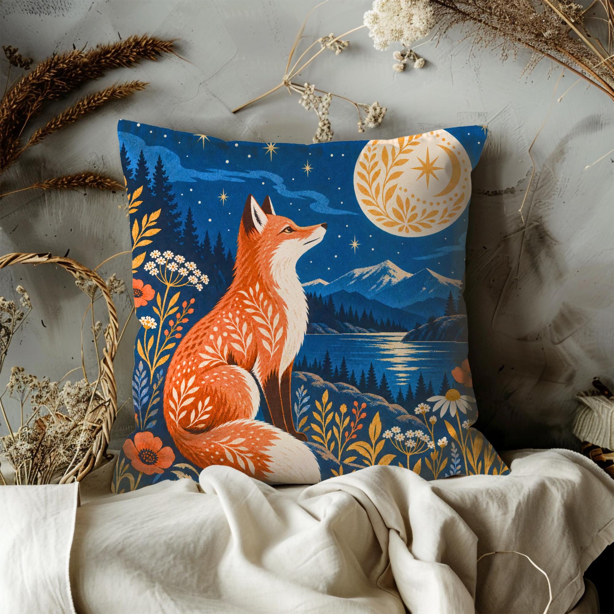 Celestial Fox Under the Moon Pillow Cover - Image 3