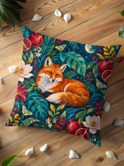 Moonlit Fox in Pomegranate Garden Pillow Cover
