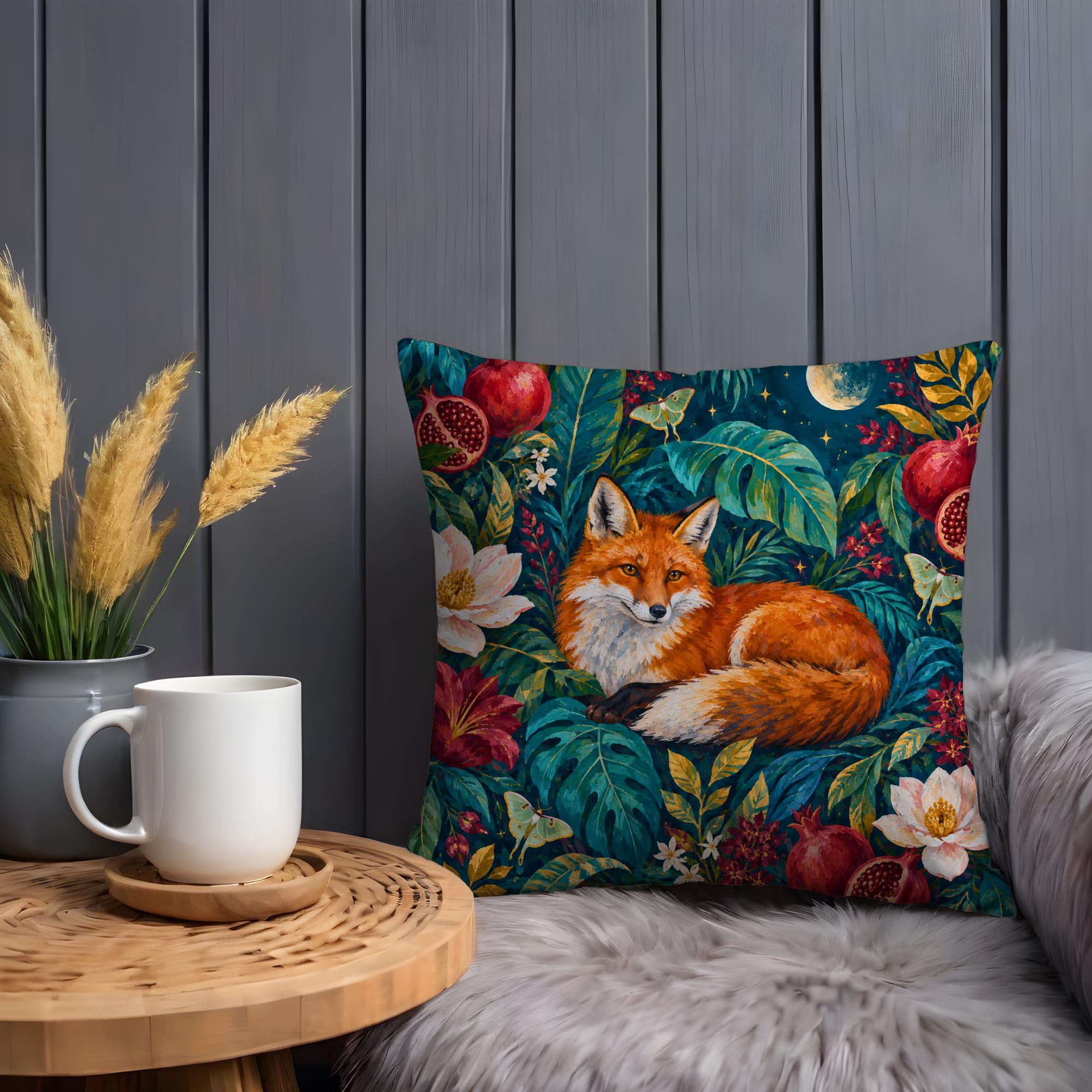 Moonlit Fox in Pomegranate Garden Pillow Cover - Image 2